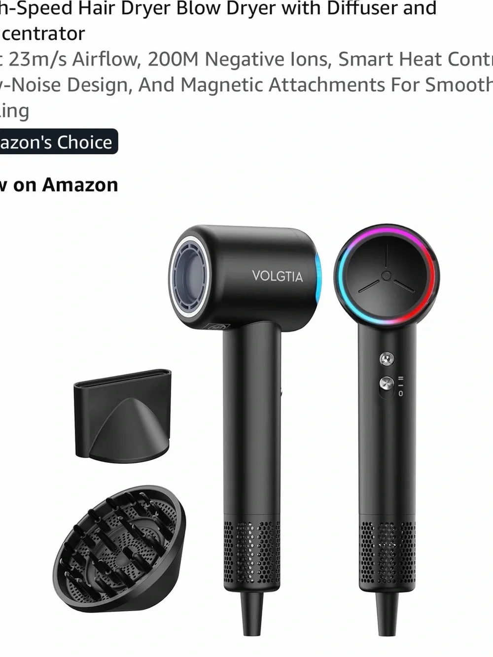 VOLGTIA Matte Black High-Speed Hair Dryer with Diffuser